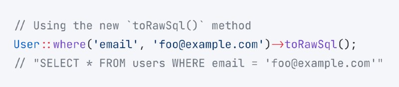 Начиная с Laravel 10  с помощью метода toRawSql() можно получить сырой SQL со всеми подставленными значениями