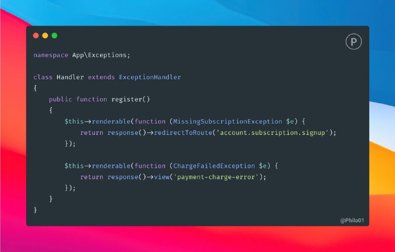 Советы по LaravelИспользуйте метод renderable() внутри обработчика исключений, чтобы вернуть ваш собственный экземпляр Illuminate\Http\Response для определенных исключений.© Philo Hermans