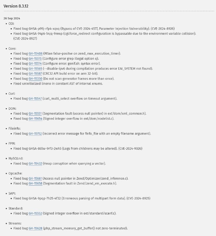 Релиз PHP 8.3.12, 8.2.24 и 8.1.30 Исправления багов, в том числе четырех уязвимостей.