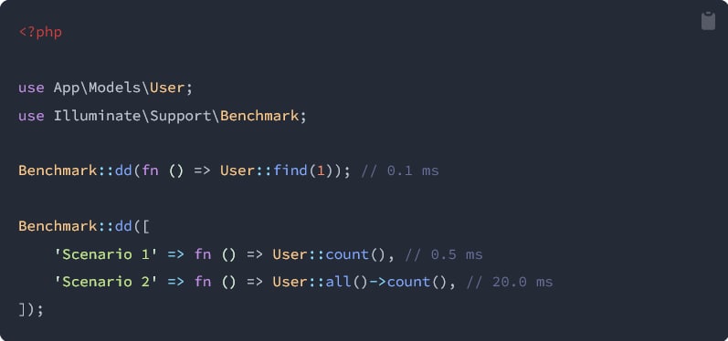 В Laravel 9.32 появился хелпер Benchmark, который позволяет быстро протестировать производительность кода.
