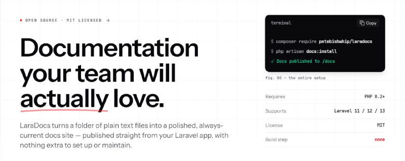 Релиз LaraDocs 1.0Пакет, позволяющий создавать полноценный сайт с документацией на основе markdown-файлов. Документацию можно хранить прямо в репозитории проекта, версионировать вместе с кодом и публиковать без использования отдельных платформ.