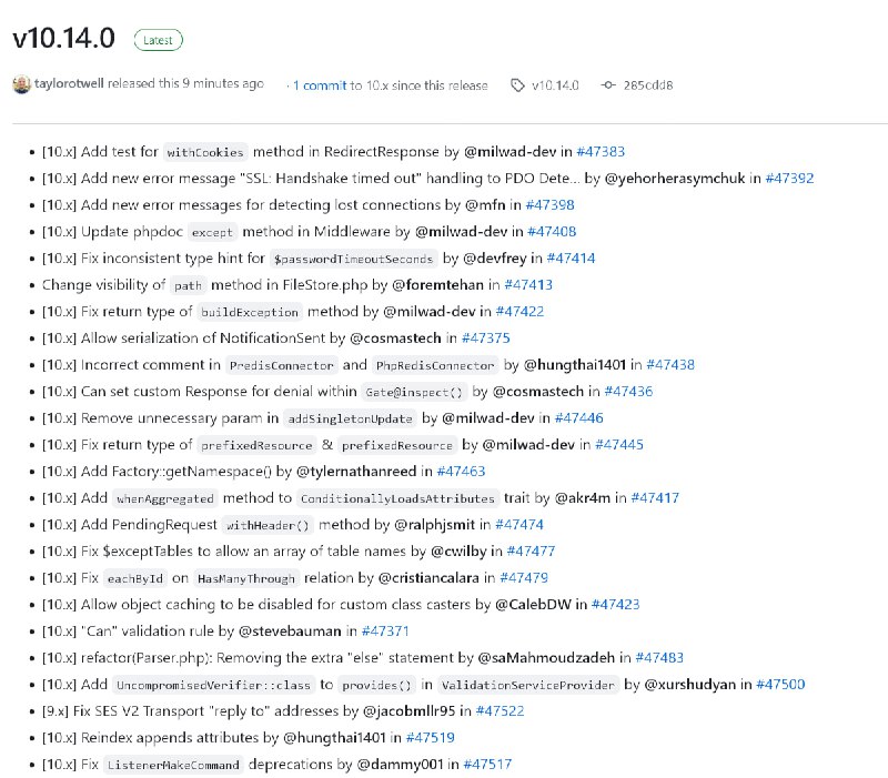 Релиз Laravel 10.14Свершилось чудо, changelog появился не через неделю, а сразу вместе с релизом. Лично Тейлор сверстал, правда без привычного порядка и разделов. Но уже прогресс :)