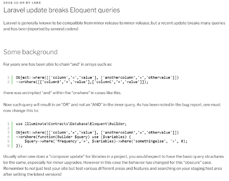 Минорные обновления Laravel ломают Eloquent-запросы