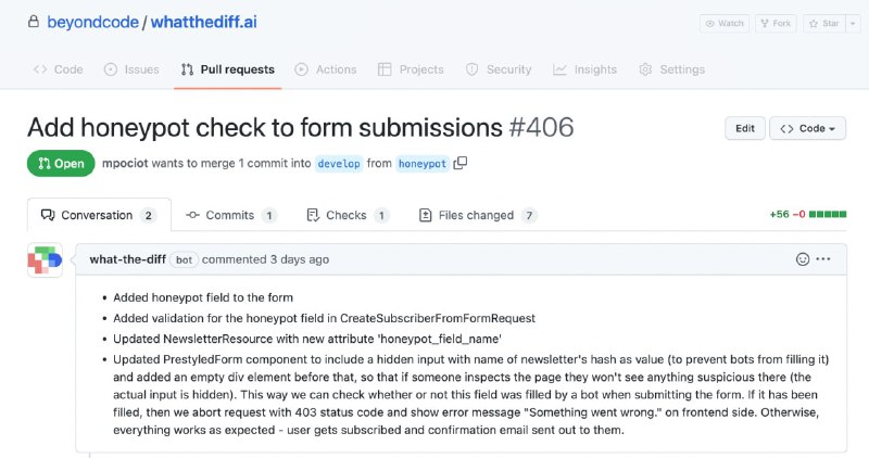 Нейронка What-the-Diff для GithubРассказывает человеческим языком об изменениях в пул-реквесте и значительно ускоряет процесс код-ревью. Поддерживает всё языки программирования. Есть бесплатный тариф.