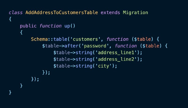 На следующей неделе в Laravel появится следующий синтаксис добавления полей после определенного поля