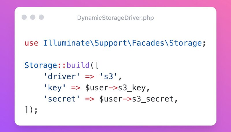 Storage-диски в Laravel можно создавать прямо на лету. Это может пригодиться, например, когда вы даете возможность пользователям подключать в вашем приложении свои облачные хранилища.