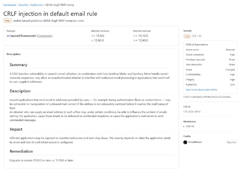 Уязвимость в Laravel при валидации почтовых адресовУязвимость получила идентификатор CVE-2026-48019 и оценку 8.3 балла по шкале CVSS v3 (класс опасности - высокий). Она затрагивает все версии фреймворка 12.x до 12.60.0, а также 13.x до 13.10.0. Злоумышленники могут отправлять письма с любым содержимым прямо из приложения произвольным адресатам.