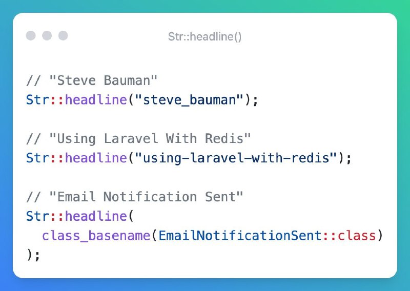 Релиз Laravel 8.65Из интересного: новый метод Str::headline() для вывода красивых заголовков из слагов, названий классов и тому подобного. Примеры на картинке.также зарелизены:Laravel 6.20.36Cashier Stripe 13.5.5Dusk 6.19.1Lumen 8.3.1Passport 10.1.4Sanctum 2.12