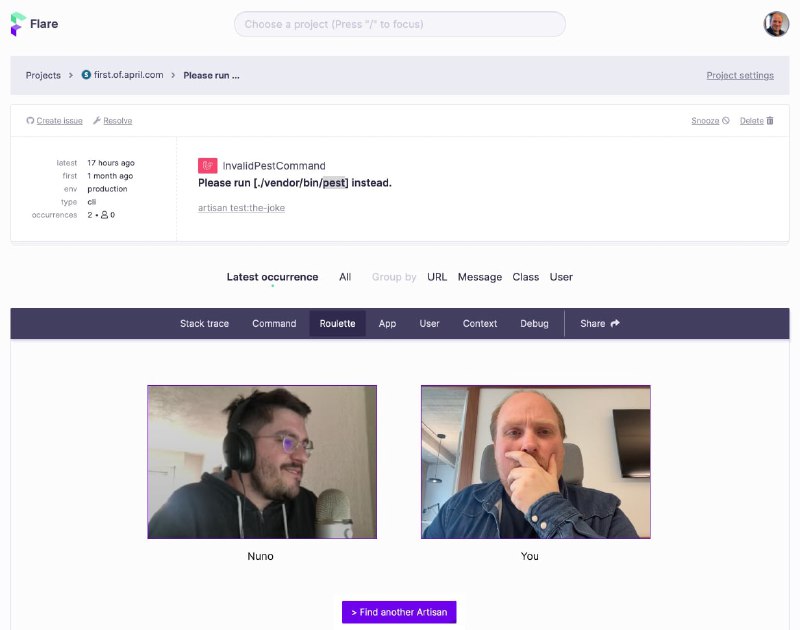 Анонс Flare RouletteНовая функция для страницы ошибок в Laravel — разработчики получившие одну и ту же ошибку будут случайным образом соединены в чат-рулетке и смогут сообща найти решение проблемы. Потенциально скорость исправления ошибок повысится на 42%.