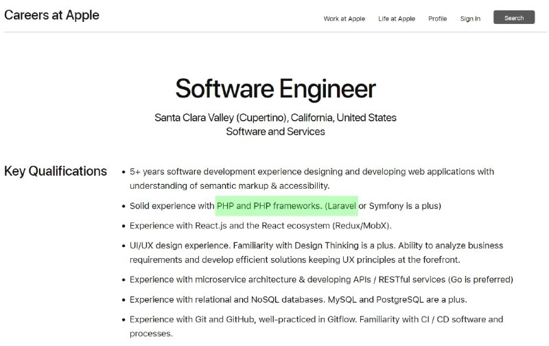 Из жизни мёртвых языков. Apple уже полгода ищет php-программиста со знанием Laravel или Symfony. 😁