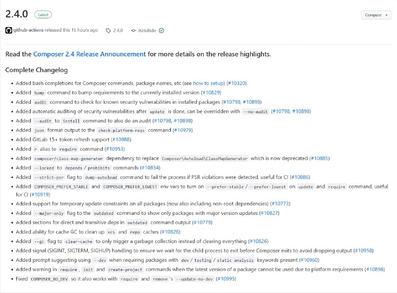 Релиз Composer 2.4Новая команда audit, выводящая список обнаруженных уязвимостей в имеющихся версиях пакетов.Новая команда bump, увеличивающая требования к номерам версии пакетов, перечисленные в composer.json.