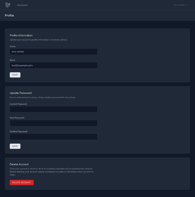 В Laravel Breeze 1.15 добавлены опциональная тёмная тема и страница профиля, на которой пользователь может изменять свои имя, email, пароль и удалить аккаунт.