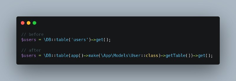 Use Laravel query builder without hard-coding the table names