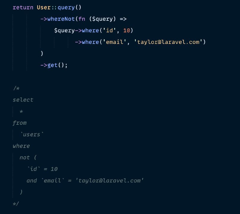 В Laravel 9.3 появятся новые методы whereNot и orWhereNotДля Laravel 8 можно использовать пакет 