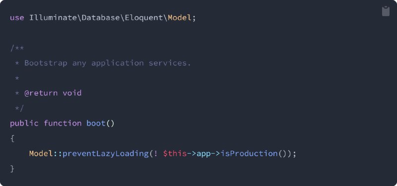 Настройка строгого Eloquent-режима в Laravel 9.35Теперь есть несколько методов, позволяющих настроить «строгость» поведения Eloquent.— preventLazyLoading для отключения ленивой загрузки.— preventSilentlyDiscardingAttributes — выбрасывает исключение при попытки заполнить незаполняемый атрибут.— preventAccessingMissingAttributes — выбрасывает исключение при попытке получить доступ к атрибуту, который не был извлечен из базы или просто не существует.Одновременно включить все три метода можно через метод shouldBeStrict.