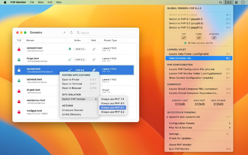 Релиз PHP Monitor 5.8Mac-приложение для Laravel Valet. Помогает  управлять PHP.