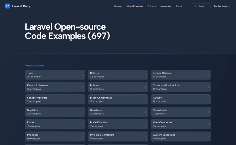 Обновлён сайт Laravel DailyПоявился раздел «Examples», приехавший на сайт с отдельного домена.