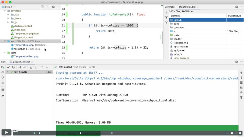 Видео от Spatie о том, как создавать и просматривать отчеты о покрытии кода в PhpStorm, используя PHPUnit и Xdebug