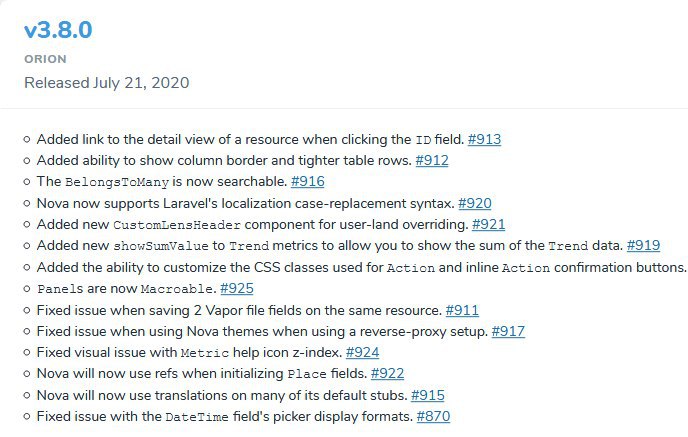 Релиз Laravel Nova 3.8