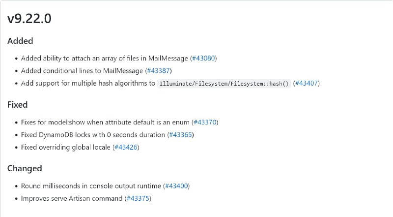 Релиз Laravel 9.22плюс за неделю вышло шесть патчей, вплоть до 9.21.6, и часть нововведений размазалось по ним.