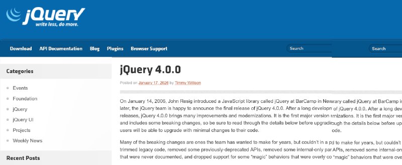 Релиз  jQuery 4.0После почти 10 лет с момента публикации ветки 3.0 и спустя 20 лет после основания проекта состоялся релиз JavaScript-библиотеки jQuery 4.0, используемой по данным организации W3Techs на 70.9% из 10 млн наиболее посещаемых сайтов в сети.