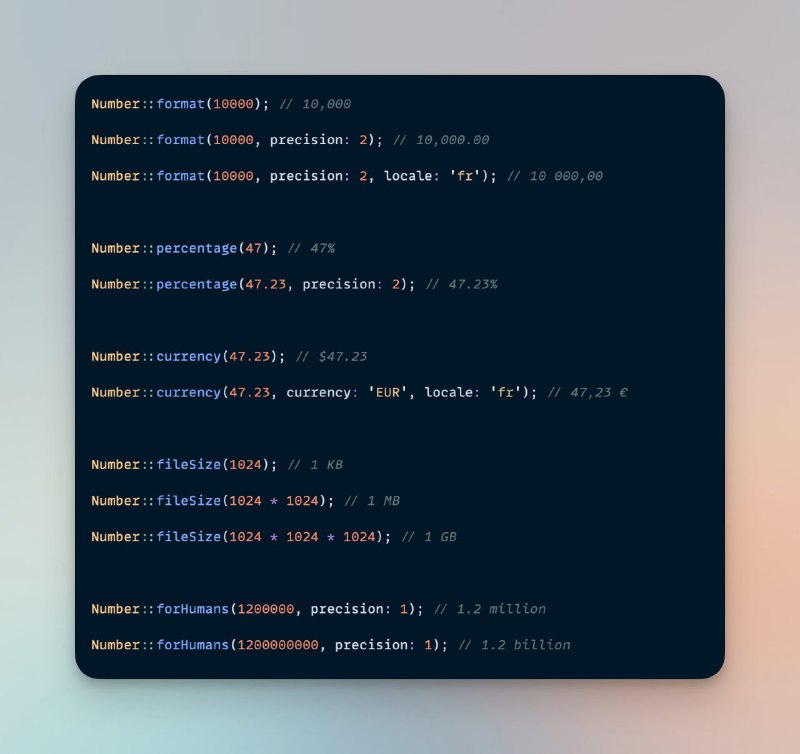 В Laravel 10.33 появился новый хелпер Number для простого и удобного форматирования цифровых значений.