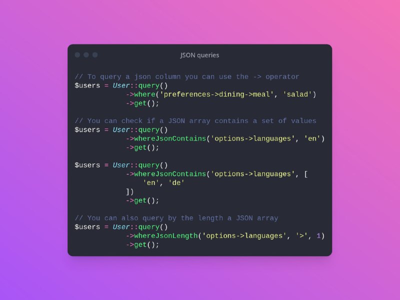 Laravel поддерживает работу с JSON-полями баз данных MySQL 5.7+, PostgreSQL, SQL Server 2016 и SQLite 3.9.0.