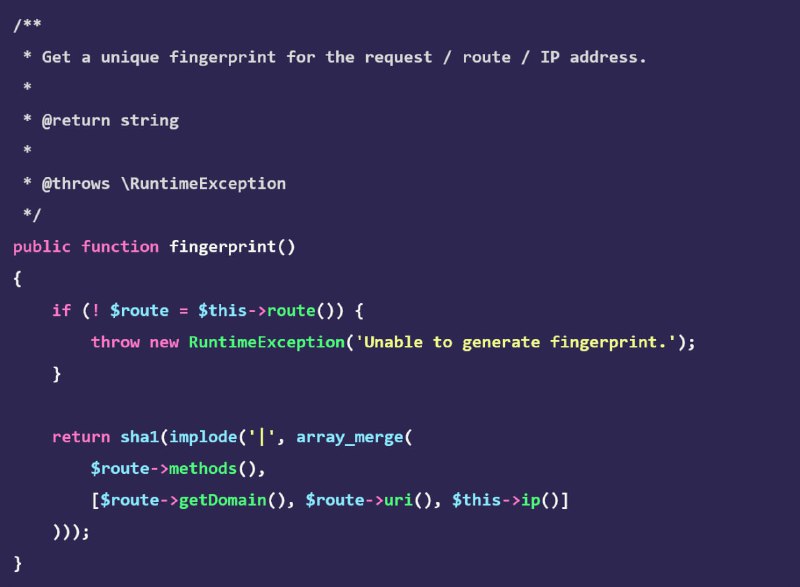 Request fingerprints and how to use them in LaravelВ Laravel есть недокументированный метод fingerprint, который можно использовать для генерации уникального идентификатора запроса.