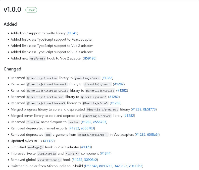 Релиз Inertia 1.0🏆 Упрощенная структура библиотеки✨ Улучшенная поддержка TypeScript🏎 Поддержка Svelte SSR⌛️ Индикатор прогресса теперь в ядре🐆 SSR-cервер теперь в ядреИнструкция по обновлению: 