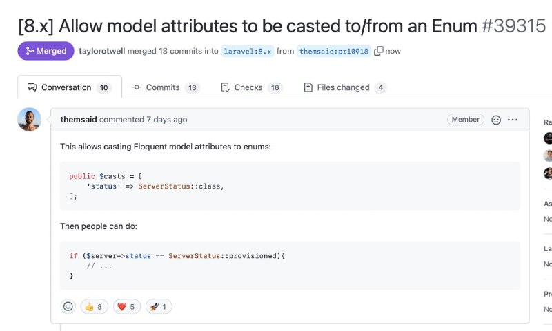 На следующей неделе в Laravel 8 появится приведение атрибутов к enum. Но будет работать, разумеется, только начиная с PHP 8.1, в котором и появилась их реализация.