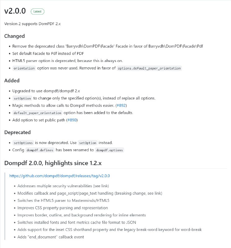 Релиз Laravel Dompdf 2Пакет для создания PDF из HTML.Переход на Dompdf версии 2. Плюс несколько фиксов уязвимостей, включая удалённое выполнение кода.