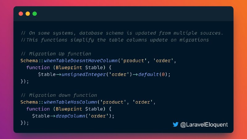 В Laravel 9.6 появились два новых метода для миграций: whenTableDoesntHaveColumn и whenTableHasColumn, которые могут определить существует ли указанное поле в таблице.
