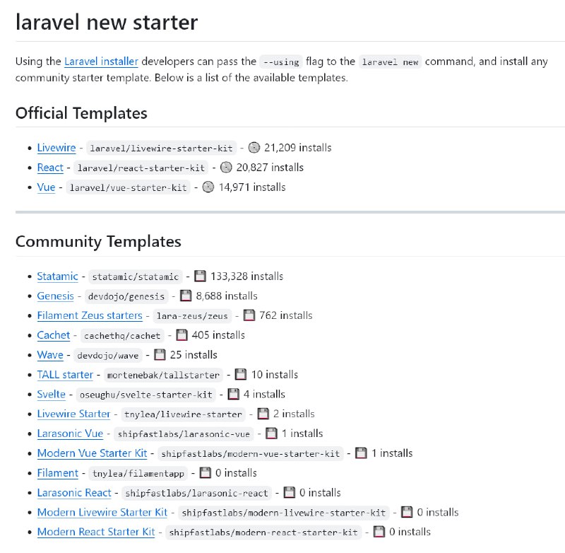 Список новых стартовых наборов для Laravel