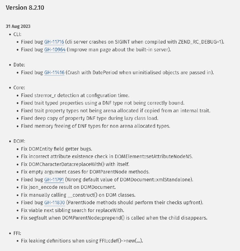 Релизы PHP 8.2.10 и 8.1.23Исправление ошибок в CLI, Core, Date, DOM, FFI, MySQLnd, Opcache, PCNTL, SPL и Standard.