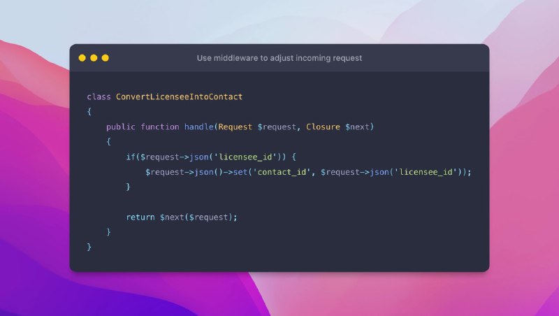 Мидлвары в Laravel — отличный способ преобразовать входящие запросы. Например, в моём приложении изменилось поле и, вместо того, чтобы менять версию API из-за критического изменения, я просто конвертирую эти запросы, используя старую ссылку. Мидлвары не только для того, что бы что-то запрещать, их можно использовать для множества целей.
