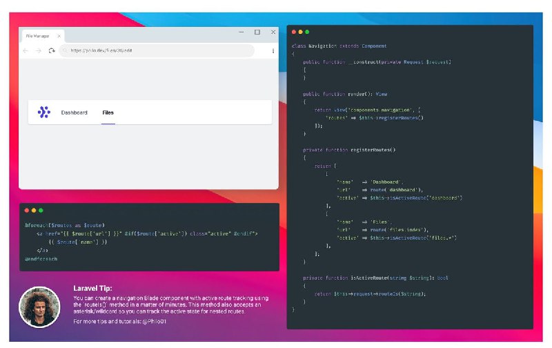 Советы по Laravel Можно создать blade-компонент для навигации с отслеживанием активного маршрута через метод routeIs(). Он также понимает звёздочку/уайлдкард для удобства отслеживания вложенных маршрутов.© Philo Hermans