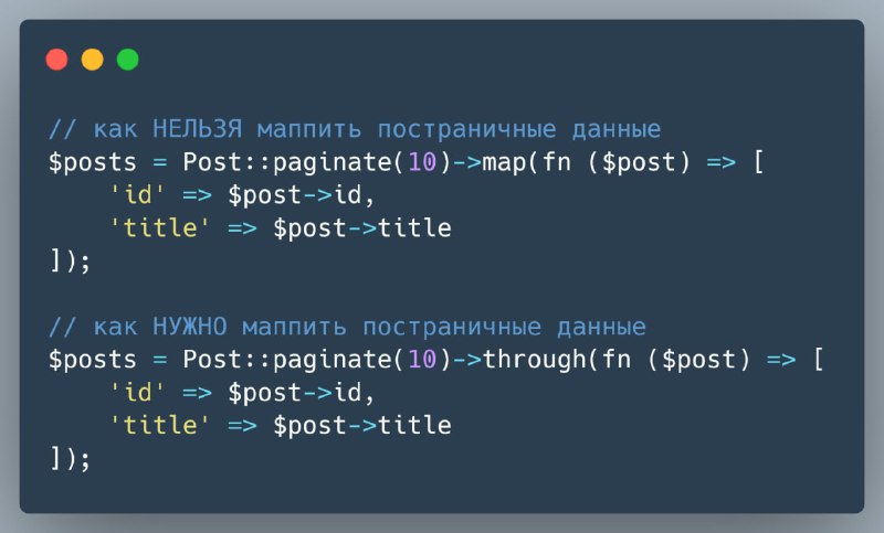 Если вам нужно промаппить постраничные данные, то используйте метод through, а не map. Map удалит экземпляр пагинации и вернёт коллекцию, в то