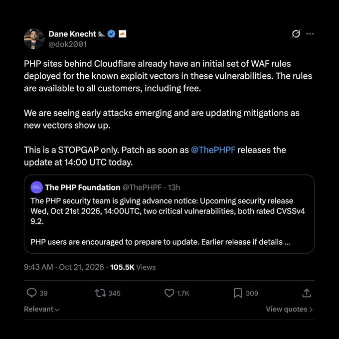 Cloudflare сообщает, что уже фиксирует ранние атаки по двум уязвимостям PHP, за часы до выхода патча. Правила WAF для известных векторов эксплуатации уже активированы для всех клиентов, включая бесплатные тарифы. Часть сайтов полностью отключаются во избежание взлома. Из крупных, например, DeviantArt (~200M посетителей в месяц) отключил сервера.