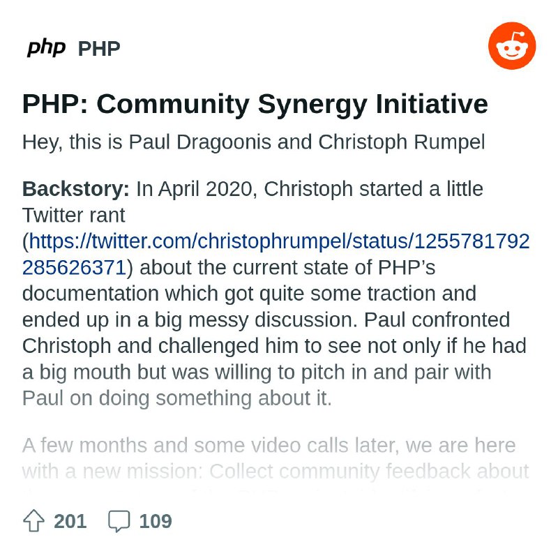 From the PHP community on Reddit: PHP: Community Synergy Initiative