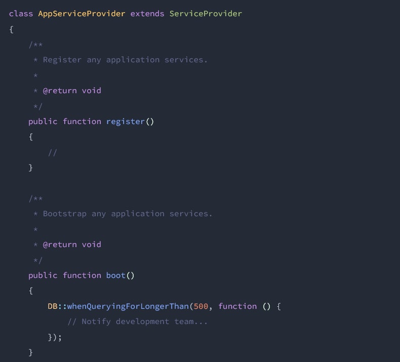DB::whenQueryingForLongerThanновый метод в Laravel 9.18Срабатывает при превышении заданного порога длительности запроса к базе данных (в миллисекундах). Например, в нём можно отправить уведомление разработчику.