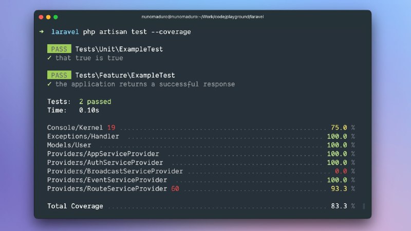 Отображение покрытия кода тестами в Laravel 9: php artisan test --coverage