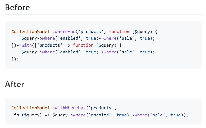 Новое в Laravel 9.16: Eloquent-метод withWhereHasЗачастую необходимо подгрузить отношения через with с теми же условиями, что использовались для whereHas. Новый метод упрощает это, убирая дублирование кода.