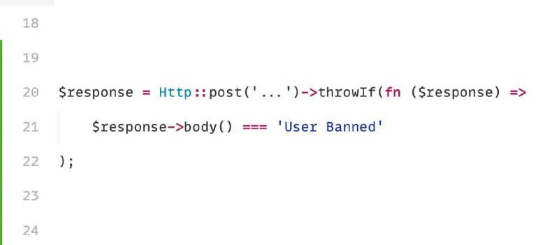 В Laravel 9.44 теперь можно указывать замыкание для метода throwIf HTTP-клиента. Это позволяет проверить, что находится в ответе, прежде чем выбрасывать исключение.