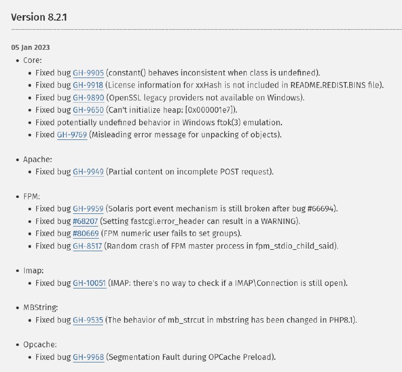 Релизы PHP 8.2.1, 8.1.14, 8.0.27Development team announces the immediate availability of new versions. This is a security releases. All PHP 8 users are encouraged to upgrade to this versions.