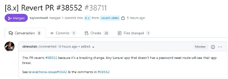 Релиз Laravel 8.60Откатили фишку с добавлением адреса для сброса пароля в toMailCallback, так как это ломало некоторые приложения, в том числе Нову.