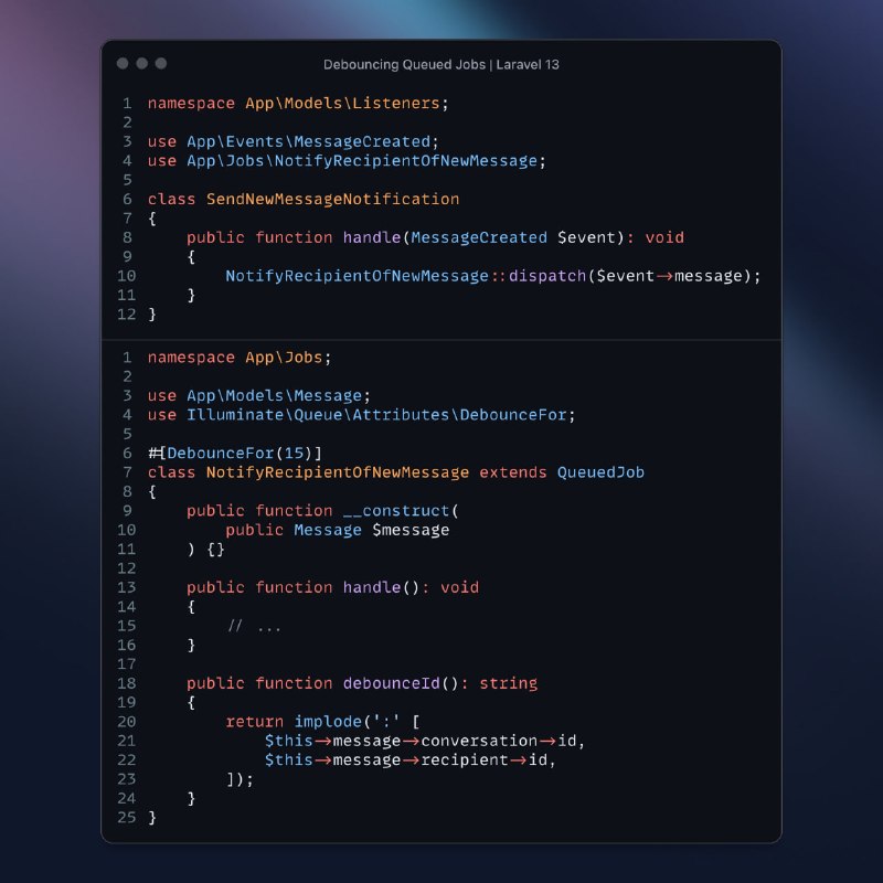 Атрибут DebounceFor Свежее в Laravel 13: отложенные задания с возможностью дебаунсинга. Применяется через  атрибут DebounceFor. Если вы отправляете одно и то же задание в течение определённого периода времени, выполняется только последнее. Остальные отбрасываются при выполнении. Например, мы могли бы отключить отправку уведомления «Новое сообщение», если отправитель делает паузу не менее 15 секунд.