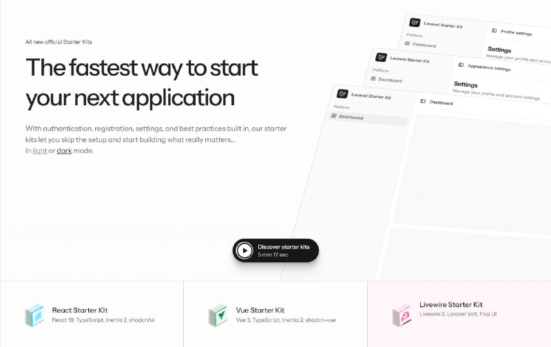Релизнулись новые стартовые наборы:- Livewire- React- Vue