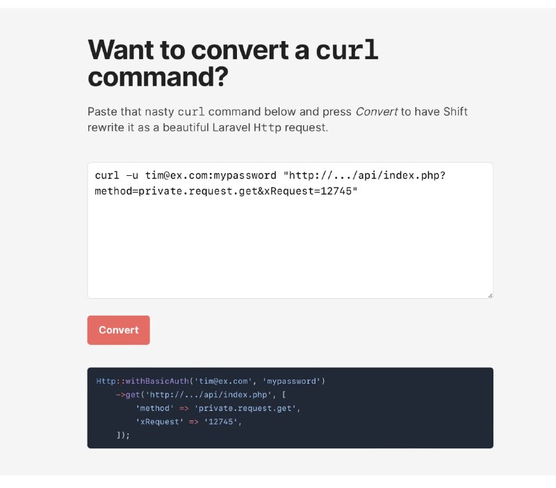 Онлайн-конвертер curl-команд в Laravel Http запрос