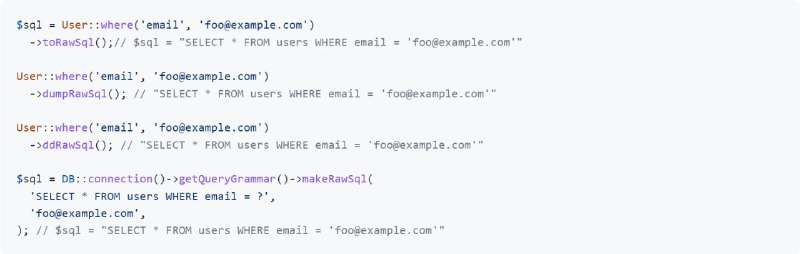 На следующей неделе в Laravel появятся методы toRawSql, dumpRawSql and ddRawSql, выдающие полный сырой SQL-запрос со всеми биндами.