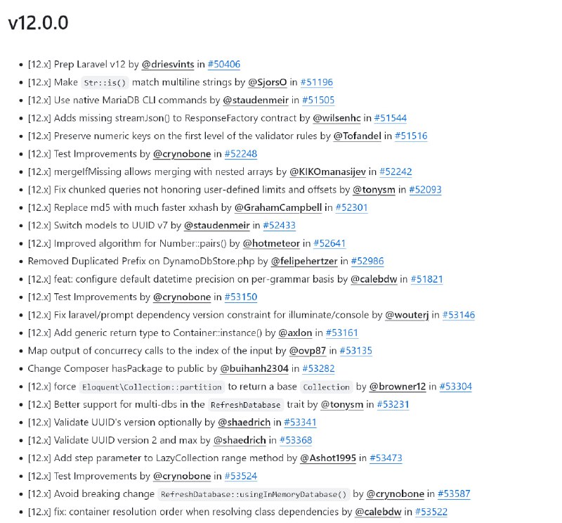 Релиз Laravel 12Итак, дамы и господа, новая версия готова. В скриншот не вошли все изменения, смотрим всё по ссылке: